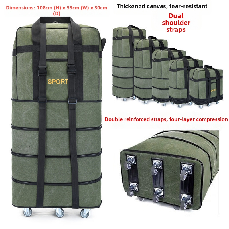 Kanvas duffel soma ar ratiem, 56–75 L ietilpība, zīmols T6, divu lietojumu dizains, elpojoša, nolietojumizturīga, ceļojumu soma