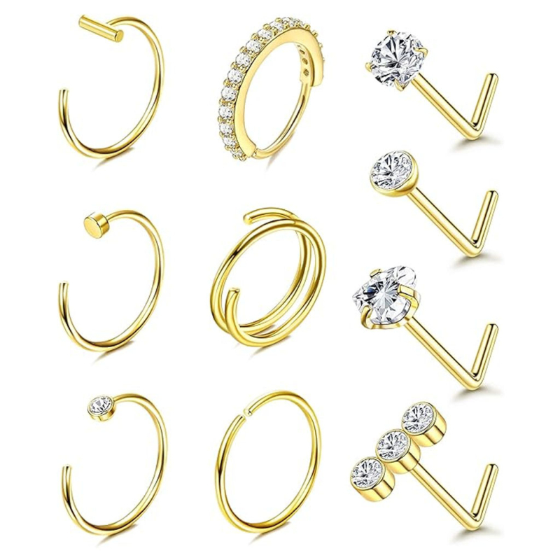 Enjun Princess Series Set nosnih studova i prstenova – nehrđajući čelik, 18K prevlaka, cirkon kristali, ženski geometrijski stil