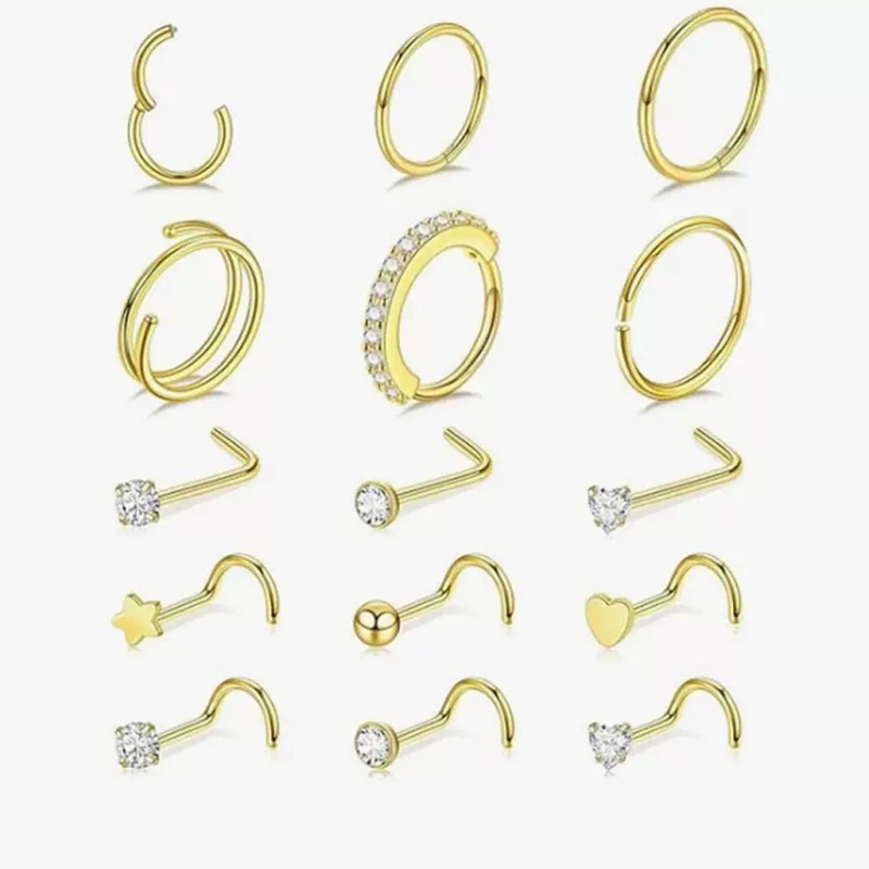 Enjun Princess Series Set nosnih studova i prstenova – nehrđajući čelik, 18K prevlaka, cirkon kristali, ženski geometrijski stil