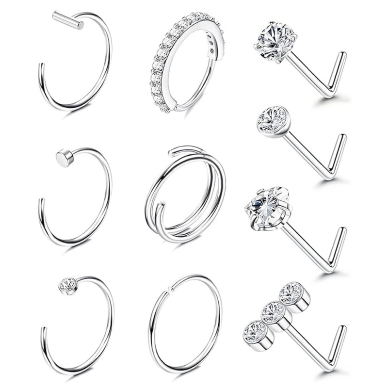 Enjun Princess Series Set nosnih studova i prstenova – nehrđajući čelik, 18K prevlaka, cirkon kristali, ženski geometrijski stil