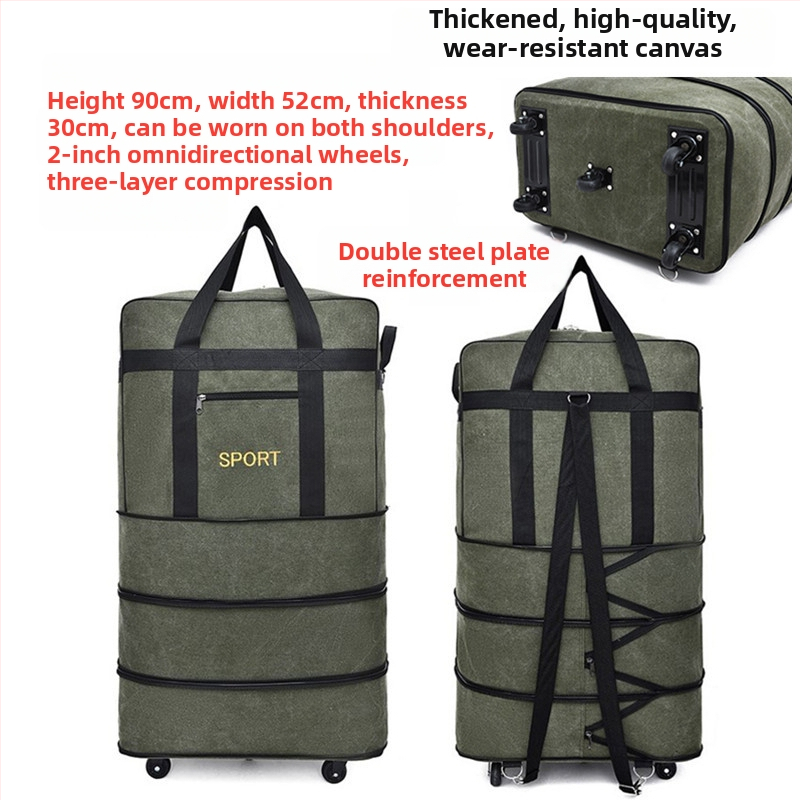 Auduma duffel soma ar riteņiem, 56–75 L, zīmols T6, elpojoša, izturīga pret nodilumu, šokizturīga, brīvā laika ceļojumiem