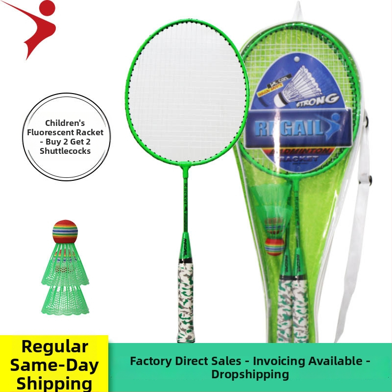 Regail detská badmintonová raketa, set so dve rakety a dve loptičky; rám z ferroalloy; šnúra nylon; hmotnosť 95–100 g; hrúbka rúčky G5