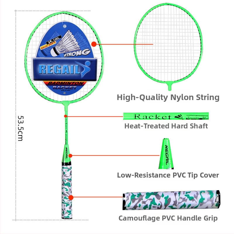 Regail detská badmintonová raketa, set so dve rakety a dve loptičky; rám z ferroalloy; šnúra nylon; hmotnosť 95–100 g; hrúbka rúčky G5