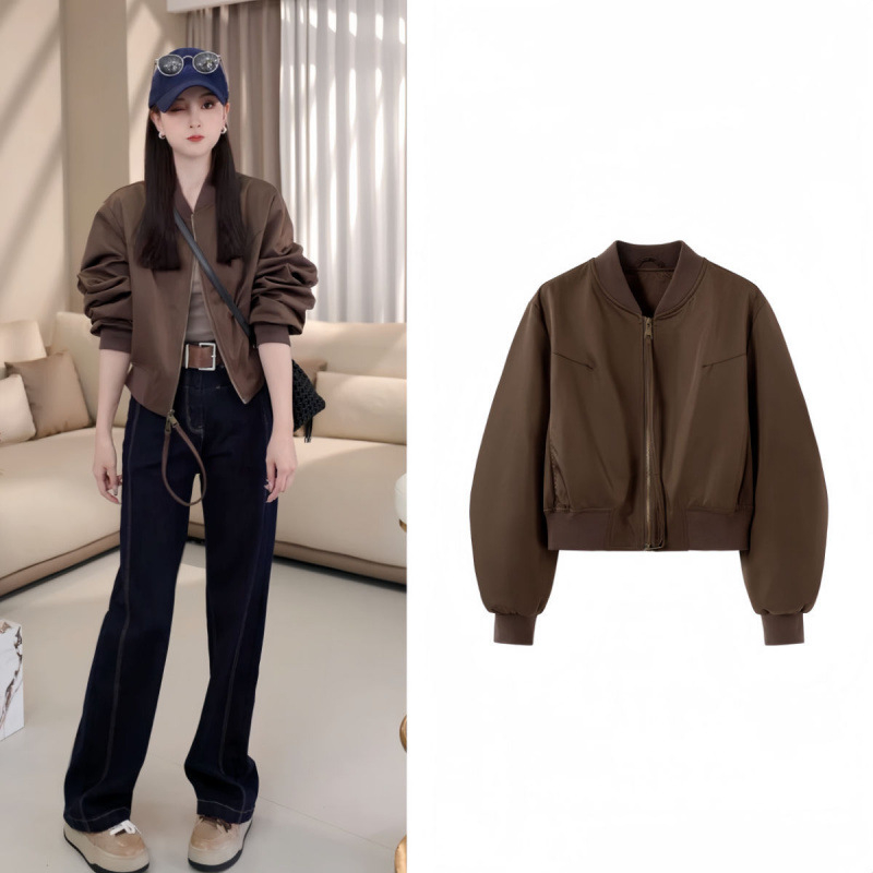 Moteriška chenille baseball striukė, ilgomis rankovėmis, polo apykaklė, laisvas siluetas, ruduo 2025