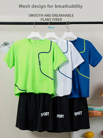 Unisex sportinis komplektas su trumpomis rankovėmis, dryžuotas poliesterio audinys, vasaros apranga paaugliams 13–16 metų