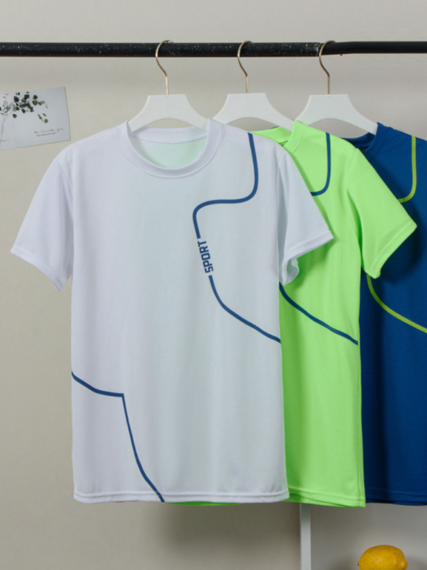 Unisex sportinis komplektas su trumpomis rankovėmis, dryžuotas poliesterio audinys, vasaros apranga paaugliams 13–16 metų