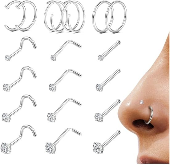 Set nakita za nosni piercing, 18 komada, titanijeva legura s cirkonijem, unisex, Princess serija