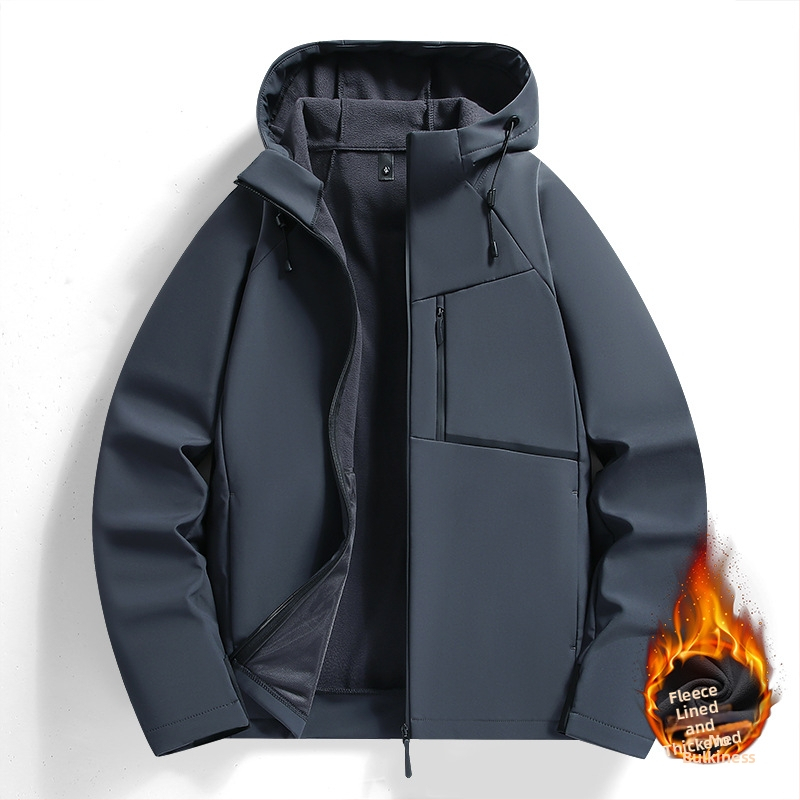 Soft shell jakna za muškarce, flis podstava, kapuljača, uski kroj, stojeći ovratnik