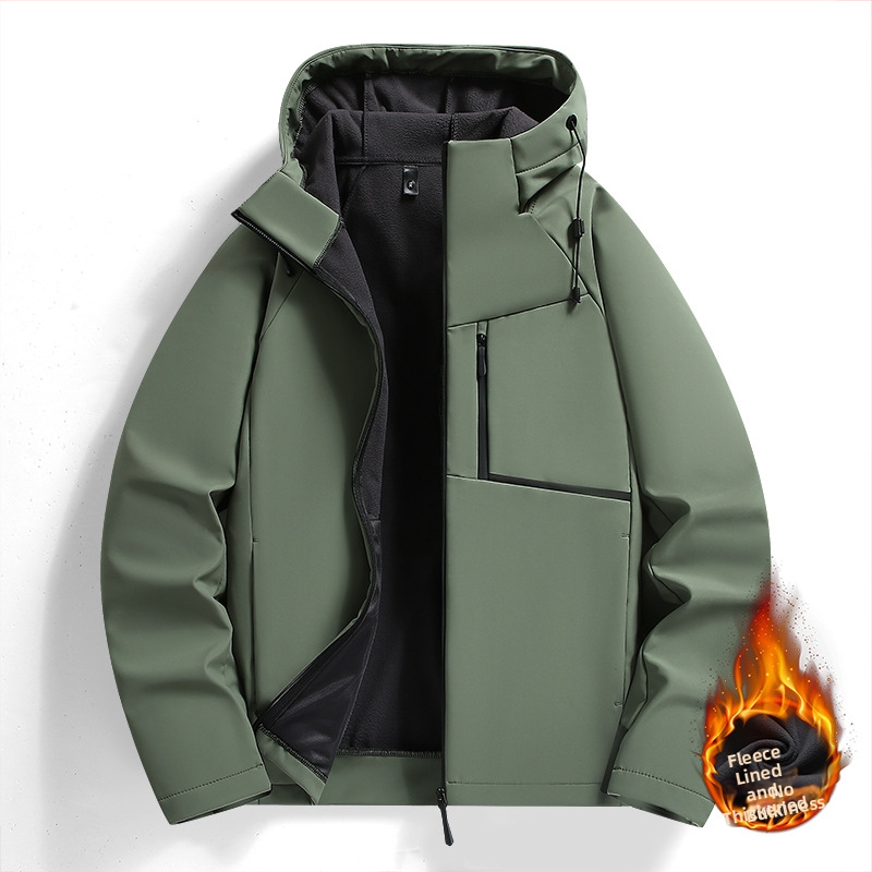 Soft shell jakna za muškarce, flis podstava, kapuljača, uski kroj, stojeći ovratnik