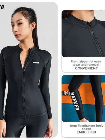 NAEKER Женски комплект бански с UV защита, тъкан от смесени химически влакна, едноцветен модел, подходящ за дайвинг