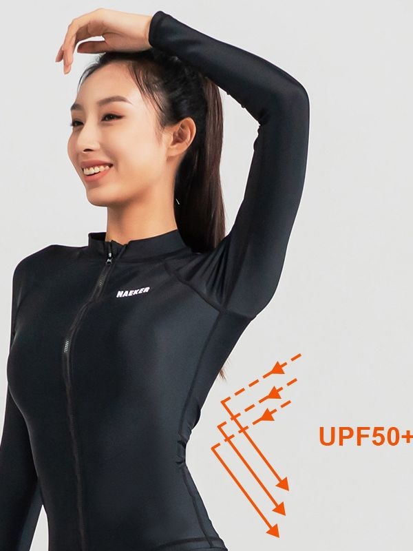 NAEKER Женски комплект бански с UV защита, тъкан от смесени химически влакна, едноцветен модел, подходящ за дайвинг