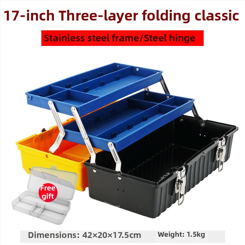 Trīs līmeņu salokāma instrumentu kaste, rūpnieciskās kvalitātes, paredzēta automobiļu uzstādīšanai elektroservisam