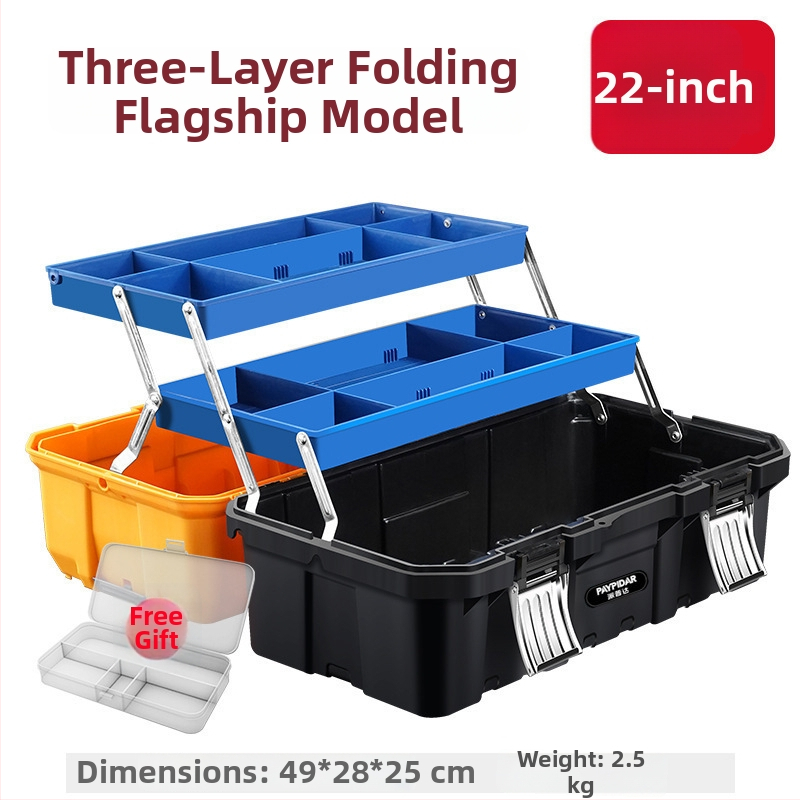 Trīs līmeņu salokāma instrumentu kaste, rūpnieciskās kvalitātes, paredzēta automobiļu uzstādīšanai elektroservisam