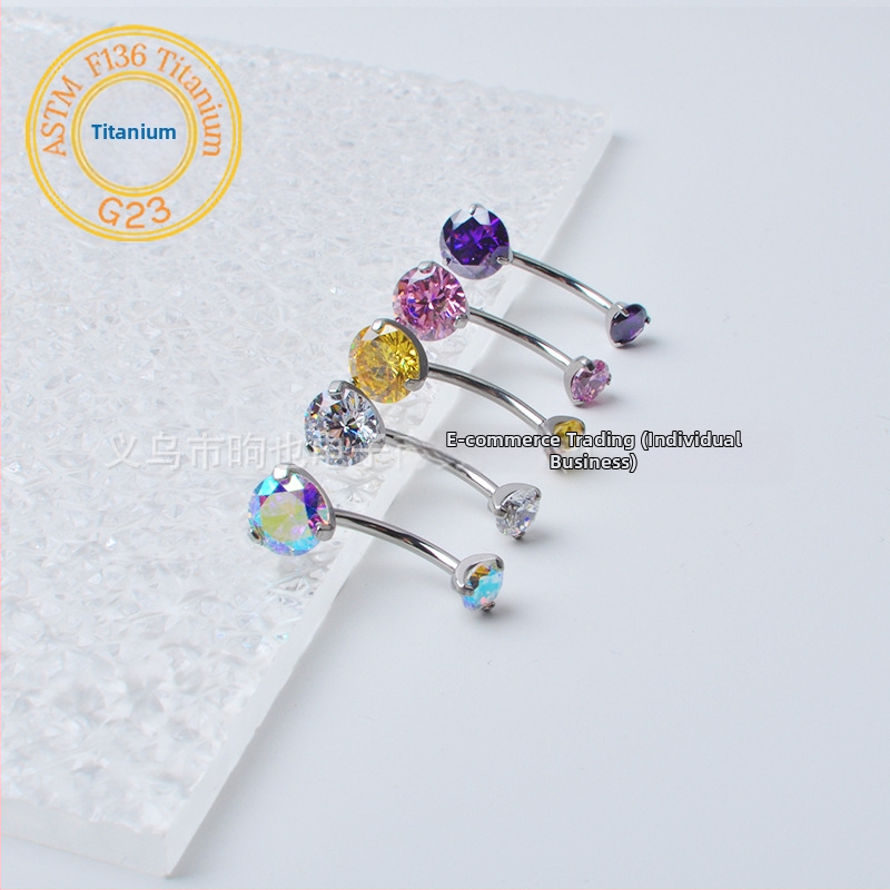 F136 Titāna sakausējuma nabas pirsings ar iekšējo vītni, 3 naglas, apaļš cirkon