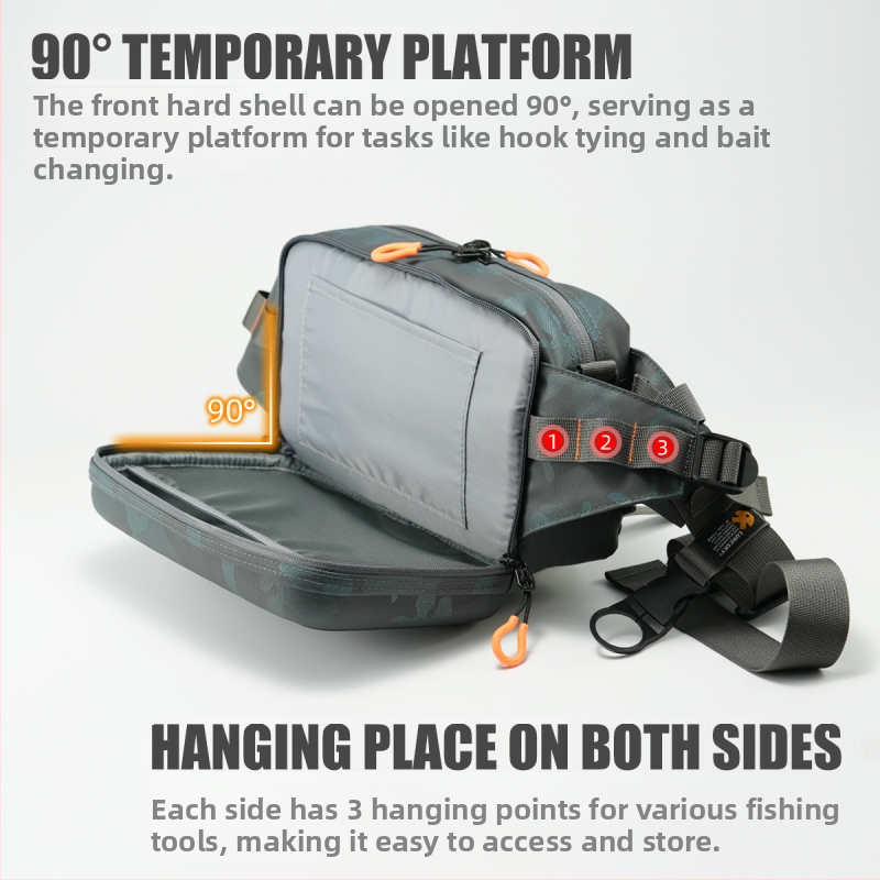 Išorės žvejybos tašė iš kanvoso su daugybe nešiojimo variantų (liemuo, pečius, krūtinė, kuprinė ar crossbody); nėra atspari vandeniui; įgaliota privati prekė.