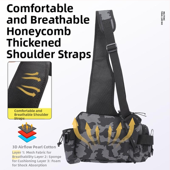 Upės žvejybos krepšys su daugiafunkciniu masalų skyriumi ir meškerės kišene, Oxford audinys, didelė talpa, maskuojanti peties diržas