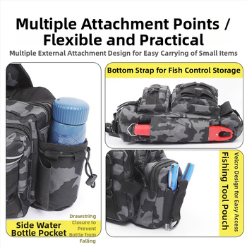 Upės žvejybos krepšys su daugiafunkciniu masalų skyriumi ir meškerės kišene, Oxford audinys, didelė talpa, maskuojanti peties diržas