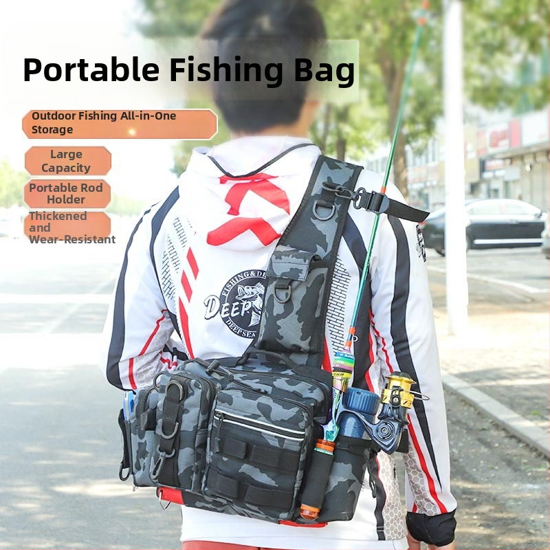 Upės žvejybos krepšys su daugiafunkciniu masalų skyriumi ir meškerės kišene, Oxford audinys, didelė talpa, maskuojanti peties diržas