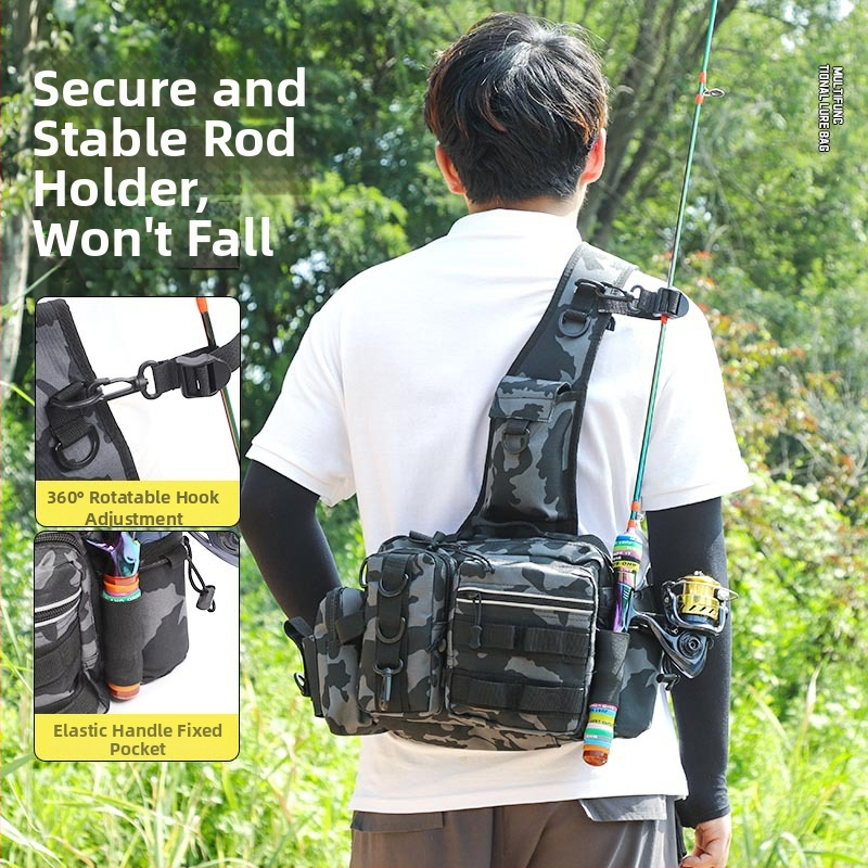 Upės žvejybos krepšys su daugiafunkciniu masalų skyriumi ir meškerės kišene, Oxford audinys, didelė talpa, maskuojanti peties diržas