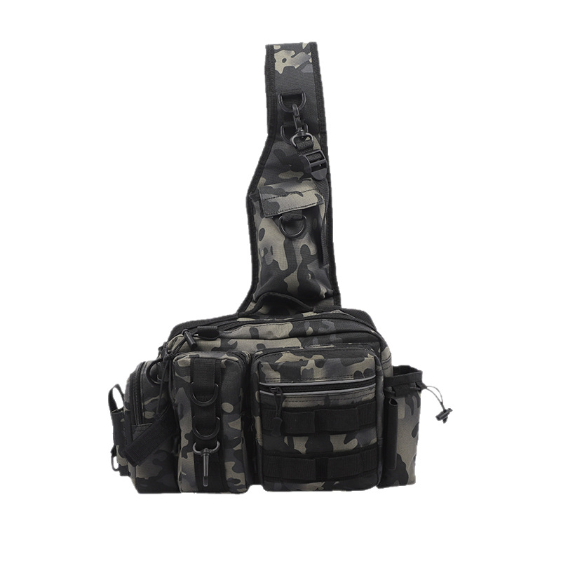 Upės žvejybos krepšys su daugiafunkciniu masalų skyriumi ir meškerės kišene, Oxford audinys, didelė talpa, maskuojanti peties diržas