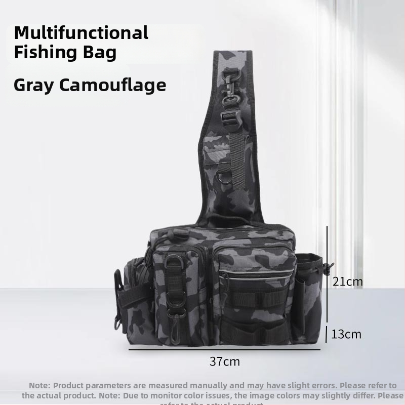 Upės žvejybos krepšys su daugiafunkciniu masalų skyriumi ir meškerės kišene, Oxford audinys, didelė talpa, maskuojanti peties diržas
