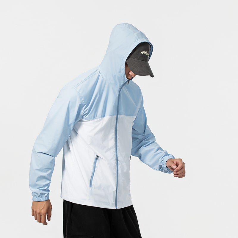 Kapucnis nyári vékony dzseki napvédelmi funkcióval, 100% poliészter, cipzáras zsebek