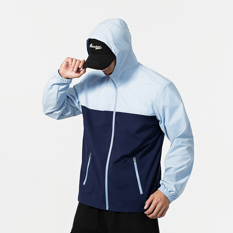 Kapucnis nyári vékony dzseki napvédelmi funkcióval, 100% poliészter, cipzáras zsebek