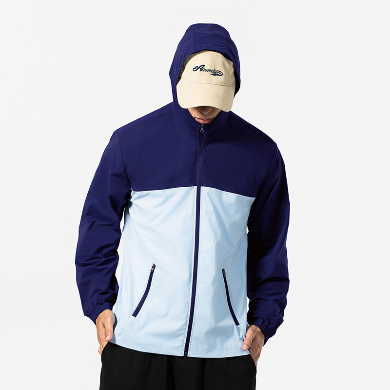 Kapucnis nyári vékony dzseki napvédelmi funkcióval, 100% poliészter, cipzáras zsebek