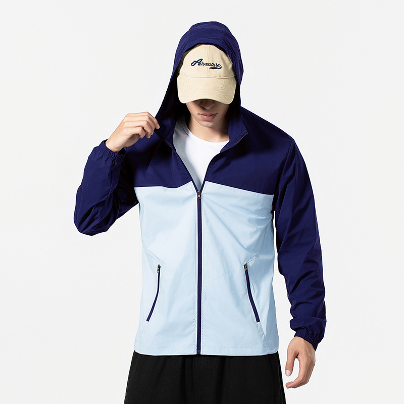 Kapucnis nyári vékony dzseki napvédelmi funkcióval, 100% poliészter, cipzáras zsebek