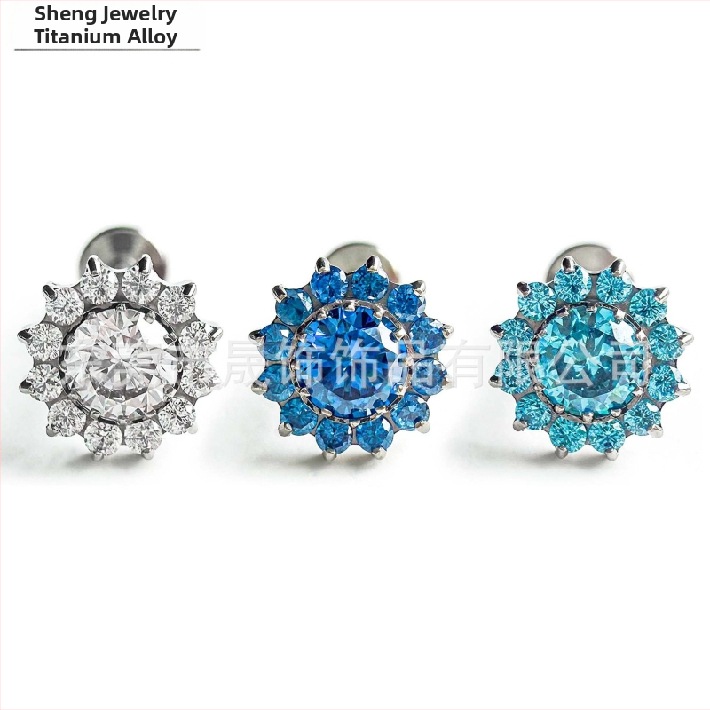 Saulėgrąžų auskarai su cirkonio įterpimu, G23 titano lydinys, geometrinės formos, unisex, natūralus stilius