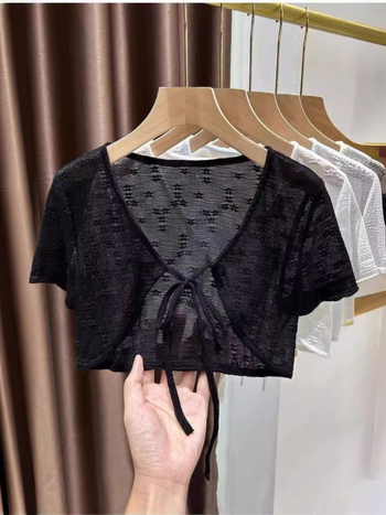 Кардиган за жени с 3/4 ръкави, къса дължина, полиестерна тъкан, носен като шал