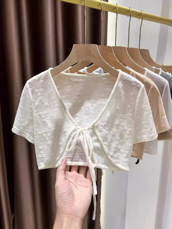 Кардиган за жени с 3/4 ръкави, къса дължина, полиестерна тъкан, носен като шал