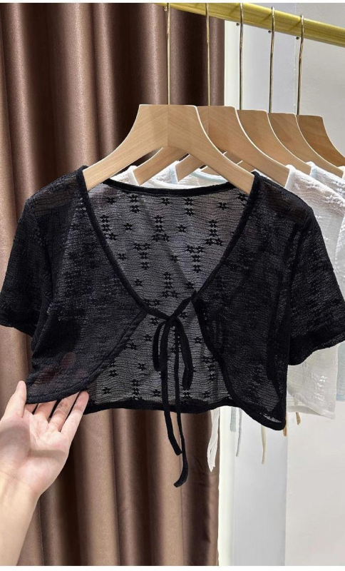 Кардиган за жени с 3/4 ръкави, къса дължина, полиестерна тъкан, носен като шал