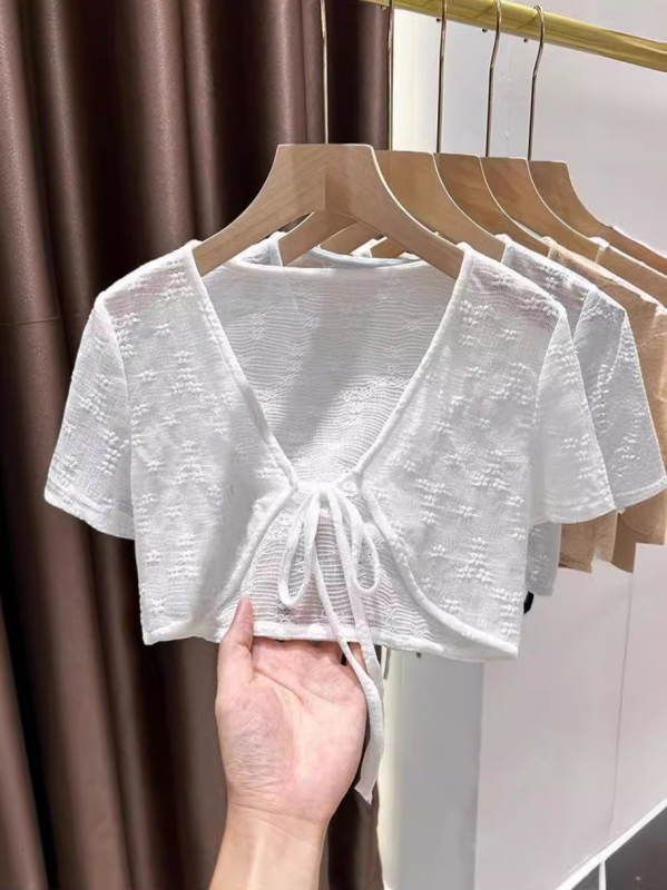 Кардиган за жени с 3/4 ръкави, къса дължина, полиестерна тъкан, носен като шал