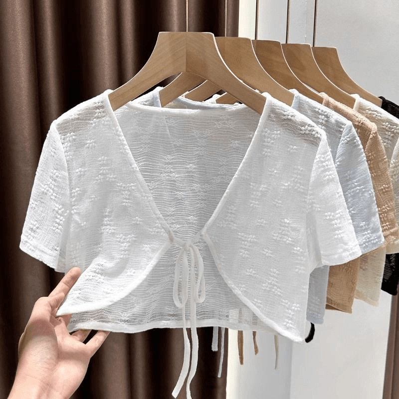 Кардиган за жени с 3/4 ръкави, къса дължина, полиестерна тъкан, носен като шал