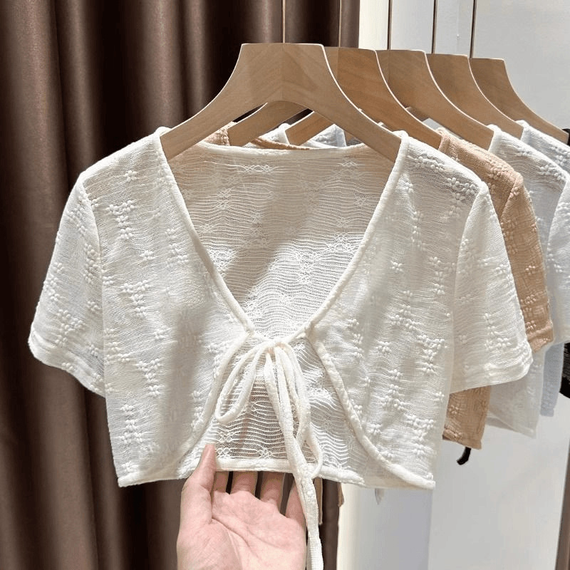 Кардиган за жени с 3/4 ръкави, къса дължина, полиестерна тъкан, носен като шал