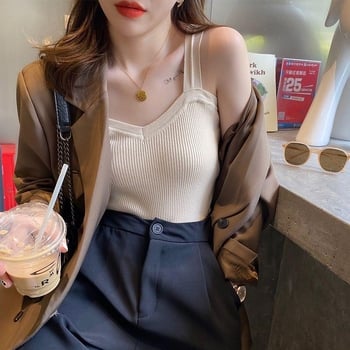 Ženski pleteni top s naramenicama, uski kroj, duljina 50–65 cm, viskoza, udio glavne tkanine ispod 30%, elegantan stil