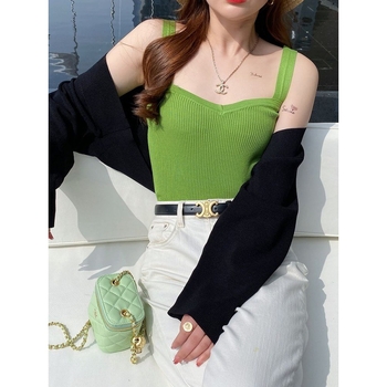 Ženski pleteni top s naramenicama, uski kroj, duljina 50–65 cm, viskoza, udio glavne tkanine ispod 30%, elegantan stil