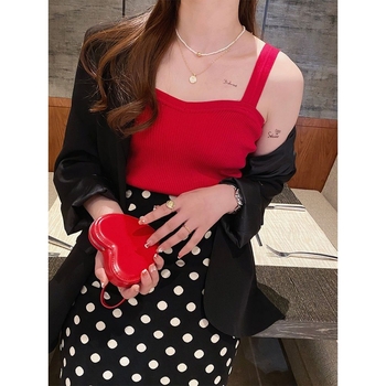 Ženski pleteni top s naramenicama, uski kroj, duljina 50–65 cm, viskoza, udio glavne tkanine ispod 30%, elegantan stil