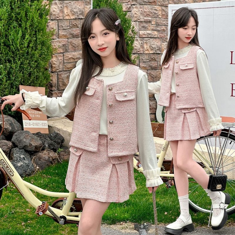 Dječji kostim za djevojčice, stil princeze, pamuk, dvodjelni komplet, mrežasti uzorak, 8+ godina, jesen 2025