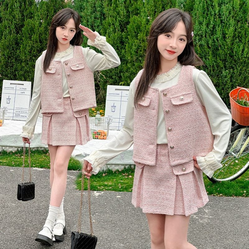 Dječji kostim za djevojčice, stil princeze, pamuk, dvodjelni komplet, mrežasti uzorak, 8+ godina, jesen 2025