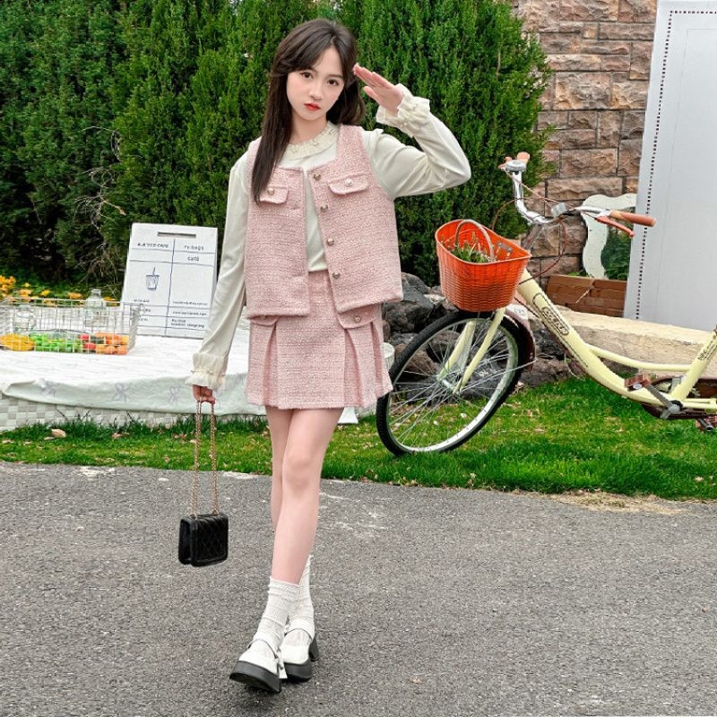 Dječji kostim za djevojčice, stil princeze, pamuk, dvodjelni komplet, mrežasti uzorak, 8+ godina, jesen 2025