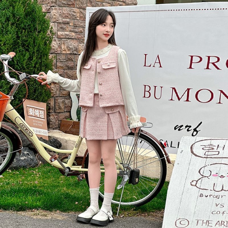 Dječji kostim za djevojčice, stil princeze, pamuk, dvodjelni komplet, mrežasti uzorak, 8+ godina, jesen 2025