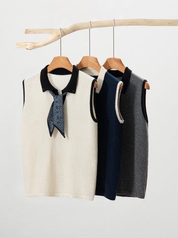 Sieviešu kašmīra džemperis bez piedurknēm, brīvā piegriezuma, polo apkakle, 95% kašmīrs, rudens 2025