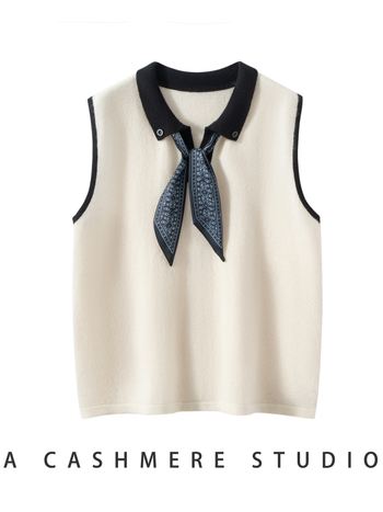 Sieviešu kašmīra džemperis bez piedurknēm, brīvā piegriezuma, polo apkakle, 95% kašmīrs, rudens 2025