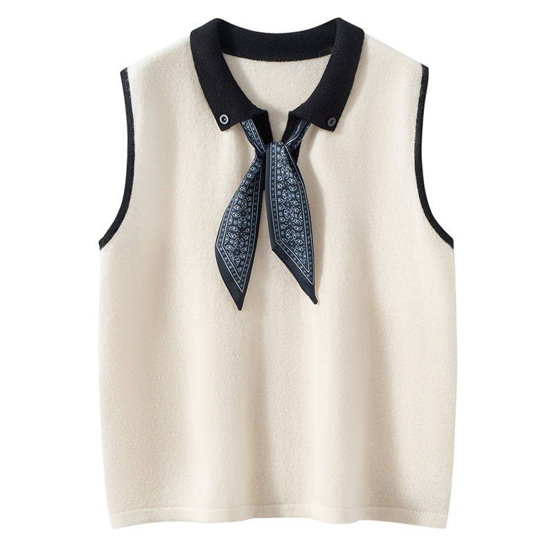 Sieviešu kašmīra džemperis bez piedurknēm, brīvā piegriezuma, polo apkakle, 95% kašmīrs, rudens 2025