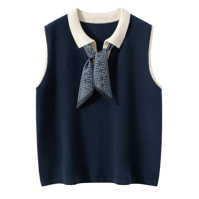 Sieviešu kašmīra džemperis bez piedurknēm, brīvā piegriezuma, polo apkakle, 95% kašmīrs, rudens 2025