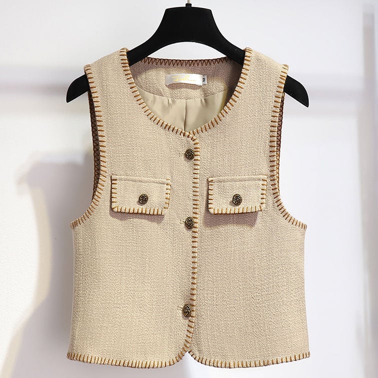 Vesta i haljina, dvodijelni set, jesen 2025, ženski Chanel-inspiriran stil; kostim sa suknom; duljina: mini suknja; glavni materijal: PVC; stil: Royal sister; rukavi: dugi