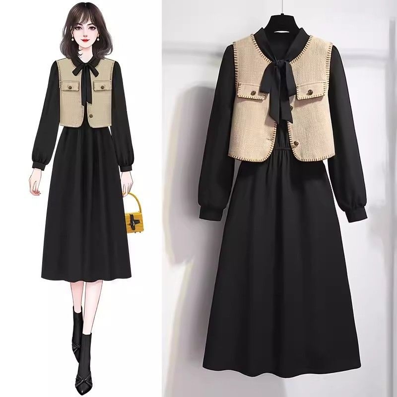 Vesta i haljina, dvodijelni set, jesen 2025, ženski Chanel-inspiriran stil; kostim sa suknom; duljina: mini suknja; glavni materijal: PVC; stil: Royal sister; rukavi: dugi