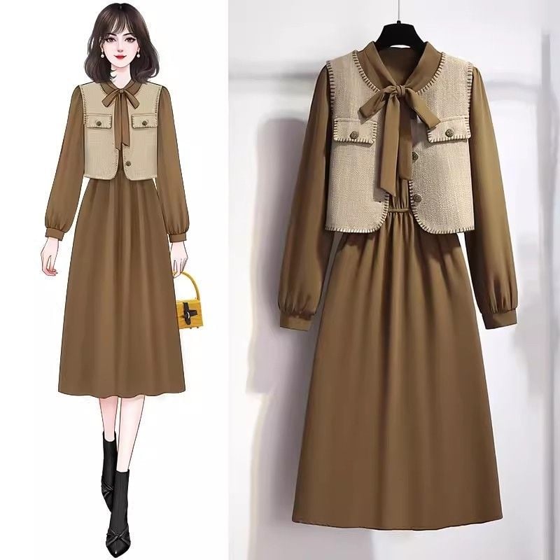 Vesta i haljina, dvodijelni set, jesen 2025, ženski Chanel-inspiriran stil; kostim sa suknom; duljina: mini suknja; glavni materijal: PVC; stil: Royal sister; rukavi: dugi